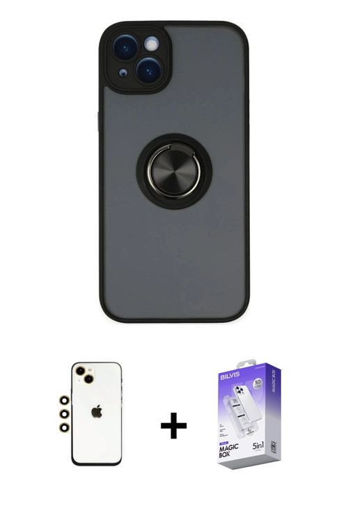 ieg™ iPhone 14 Kılıf Yörünge Çizgi - Siyah Bilvis 5in1 3D Magic Cam Ekran Koruyucu + Gold Shine Kame
