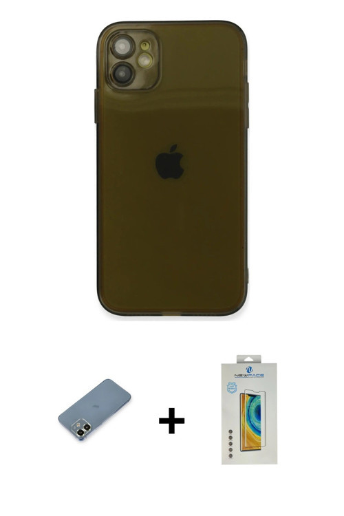 ieg™ iPhone 12 Kılıf Ahenk Doku - Siyah Polymer Nano Ekran Koruyucu + Açık Yeşil Metal Kamera Lens K