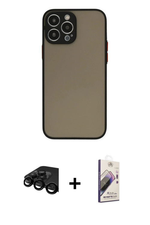 ieg™ iPhone 15 Pro Max Kılıf Ahenk Çizgi Serisi - Siyah Bilvis 3D Mat Cam Ekran Koruyucu + Siyah Raz
