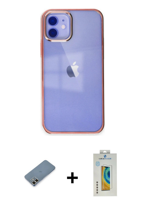 ieg™ iPhone 12 Kılıf Doruk Doku Prime - Siyah Polymer Nano Ekran Koruyucu + Gold Metal Kamera Lens K