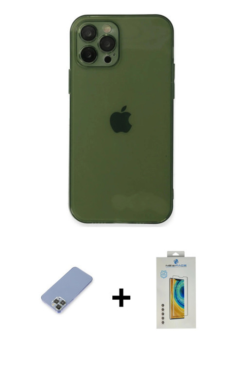 ieg™ iPhone 12 Pro Kılıf Ahenk Doku - Siyah Polymer Nano Ekran Koruyucu + Koyu Yeşil Metal Kamera Le