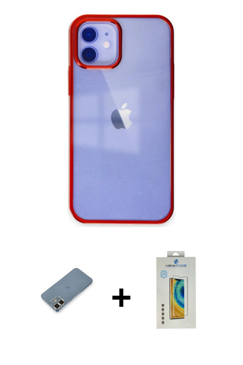 ieg™ iPhone 12 Kılıf Doruk Doku Prime - Siyah Polymer Nano Ekran Koruyucu + Gold Metal Kamera Lens K