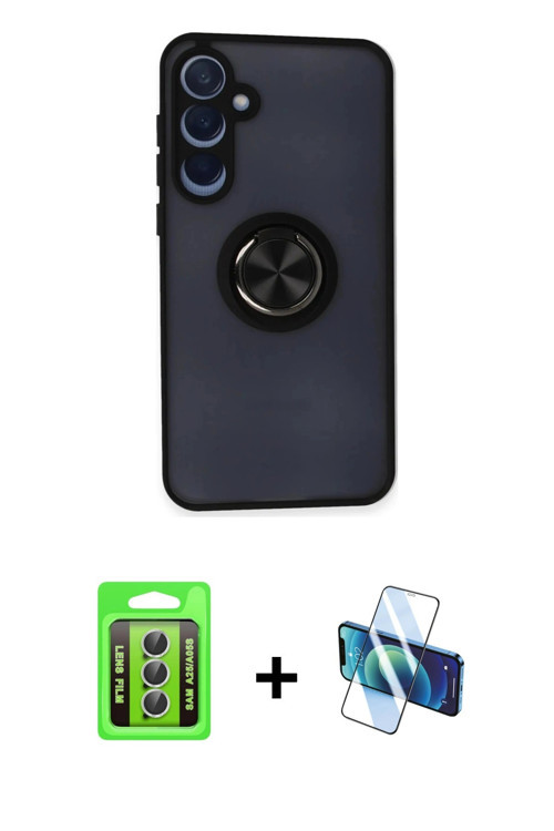 ieg™ Galaxy A25 5G Kılıf Yörünge Çizgi - Siyah 3D Antistatik Cam Ekran Koruyucu + Gümüş Raze Metal K