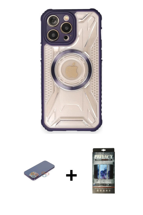 ieg™ iPhone 12 Pro Kılıf Kutup Modern - Siyah 34D Hayalet Izgaralı Cam + Pembe Renkli Kamera Lens Ko