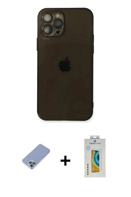ieg™ iPhone 12 Pro Kılıf Ahenk Doku - Siyah Polymer Nano Ekran Koruyucu + Koyu Yeşil Metal Kamera Le