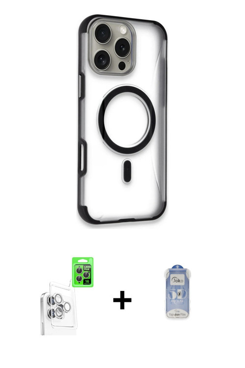 ieg™ iPhone 16 Pro Kılıf Eksen Klasik Koleksiyonu - Siyah Joko Magic 5D Cam + Beyaz Raze Metal Kamer