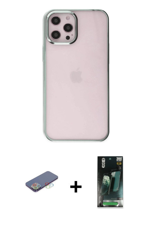 ieg™ iPhone 12 Pro Max Kılıf Doruk Doku Prime - Şeffaf 360 Full Body Arka Koruyucu + Mavi Renkli Kam