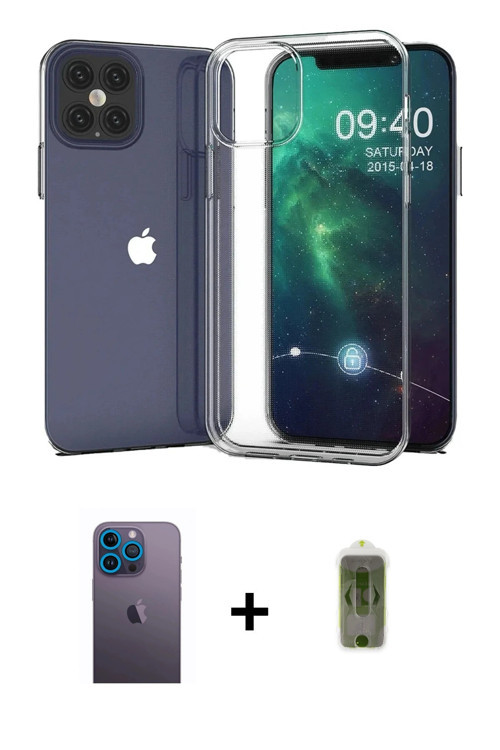 ieg™ iPhone 12 Pro Max Kılıf Zirve Doku - Siyah Joko Magic 5D Hayalet Cam + Mavi Neon Fosforlu Kamer