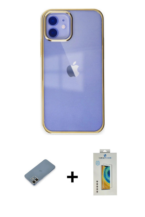 ieg™ iPhone 12 Kılıf Doruk Doku Prime - Siyah Polymer Nano Ekran Koruyucu + Gold Metal Kamera Lens K
