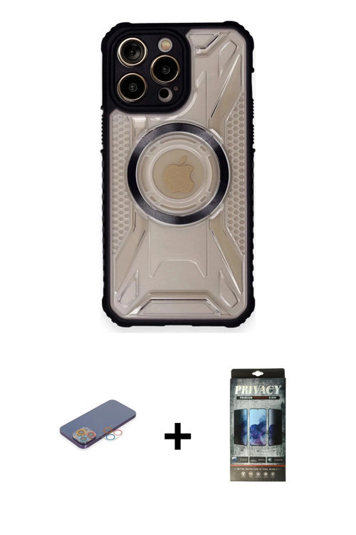 ieg™ iPhone 12 Pro Kılıf Kutup Modern - Siyah 34D Hayalet Izgaralı Cam + Pembe Renkli Kamera Lens Ko