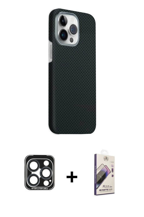 ieg™ iPhone 15 Pro Max Kılıf Kozmos Klasik Prime - Siyah Bilvis 3D Mat Cam Ekran Koruyucu + Lacivert