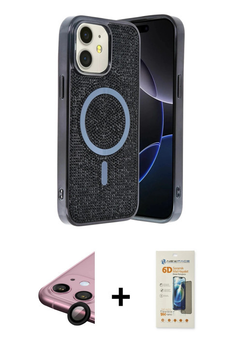 ieg™ iPhone 11 Kılıf Eksen Çizgi - Siyah 6D Mat Seramik Hayalet Nano Ekran Koruyucu + Siyah Raze Met