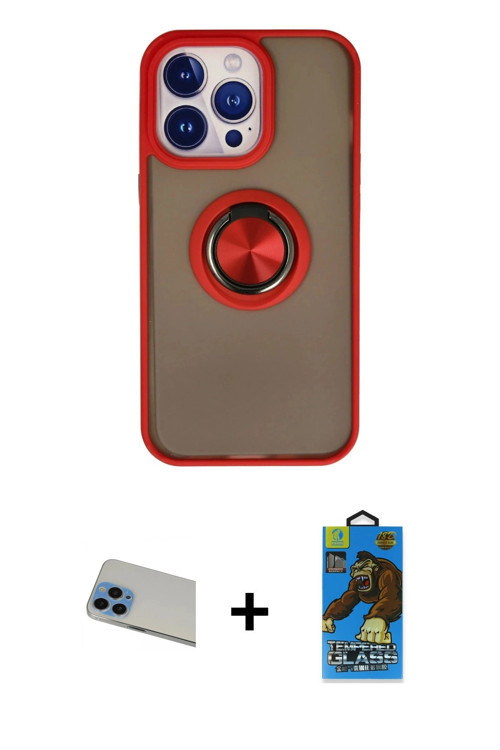 ieg™ iPhone 13 Pro Max Kılıf Yörünge Çizgi - Siyah 18D Cam Ekran Koruyucu + Mavi Rainbow Kamera Lens