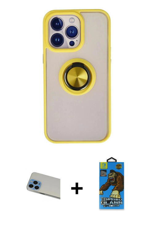 ieg™ iPhone 13 Pro Max Kılıf Yörünge Çizgi - Siyah 18D Cam Ekran Koruyucu + Mavi Rainbow Kamera Lens