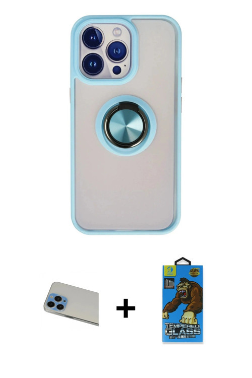 ieg™ iPhone 13 Pro Max Kılıf Yörünge Çizgi - Siyah 18D Cam Ekran Koruyucu + Mavi Rainbow Kamera Lens