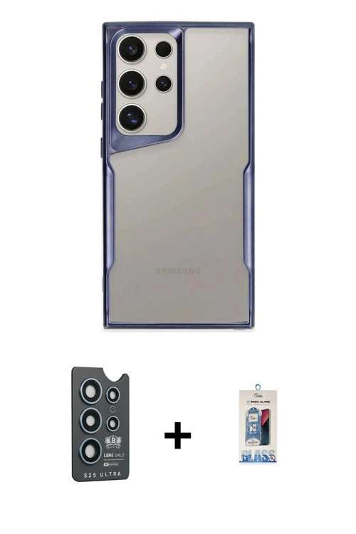 ieg™ Galaxy S25 Ultra Kılıf Akış Çizgi Koleksiyonu - Siyah Joko Magic 5D Cam + Lacivert Bilvis Titan