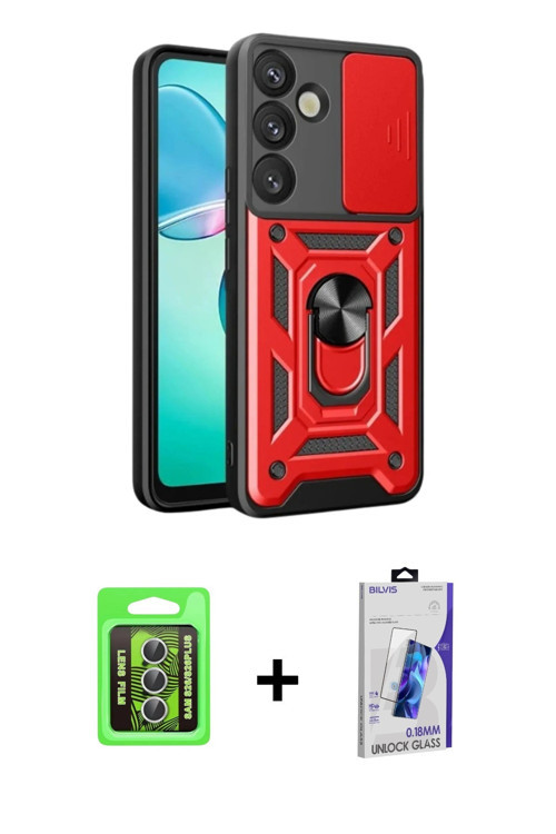 ieg™ Galaxy S26 Kılıf Ahenk Klasik - Siyah Bilvis 3D Cam Ekran Koruyucu + Gümüş Raze Metal Kamera Le
