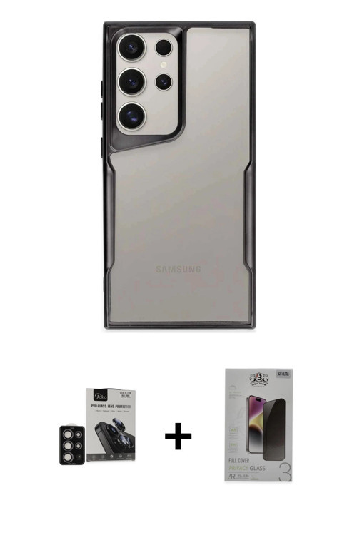 ieg™ Galaxy S24 Ultra Kılıf Akış Çizgi Koleksiyonu - Siyah Bilvis Hayalet Cam Ekran Koruyucu + Derin