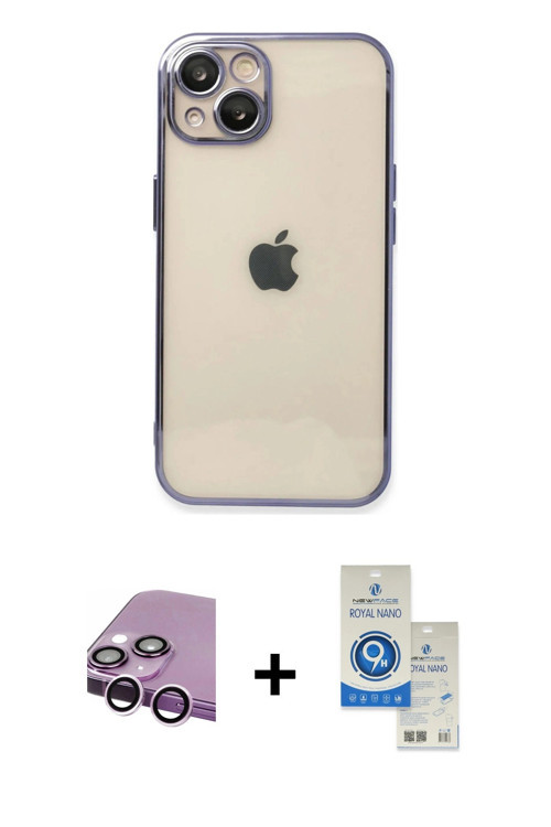 ieg™ iPhone 14 Kılıf Vadi Minimal - Şeffaf Royal Nano Ekran Koruyucu + Mor Raze Metal Kamera Lens