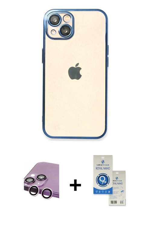 ieg™ iPhone 14 Kılıf Vadi Minimal - Şeffaf Royal Nano Ekran Koruyucu + Mor Raze Metal Kamera Lens