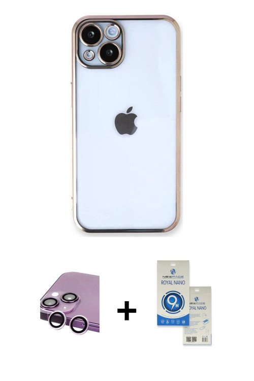 ieg™ iPhone 14 Kılıf Vadi Minimal - Şeffaf Royal Nano Ekran Koruyucu + Mor Raze Metal Kamera Lens
