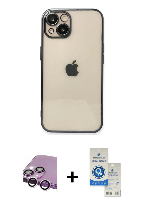 ieg™ iPhone 14 Kılıf Vadi Minimal - Şeffaf Royal Nano Ekran Koruyucu + Mor Raze Metal Kamera Lens