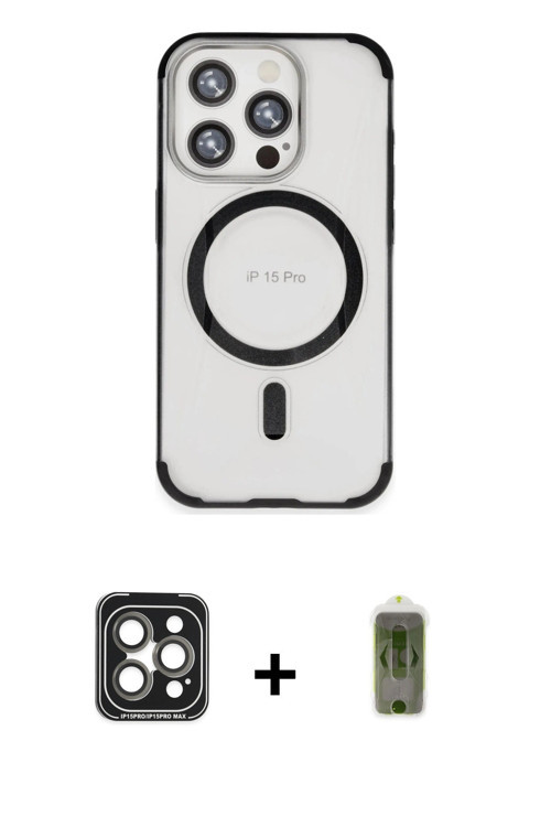 ieg™ iPhone 15 Pro Max Kılıf Eksen Klasik Koleksiyonu - Siyah Joko Magic 5D Hayalet Cam + Gri PVD Me