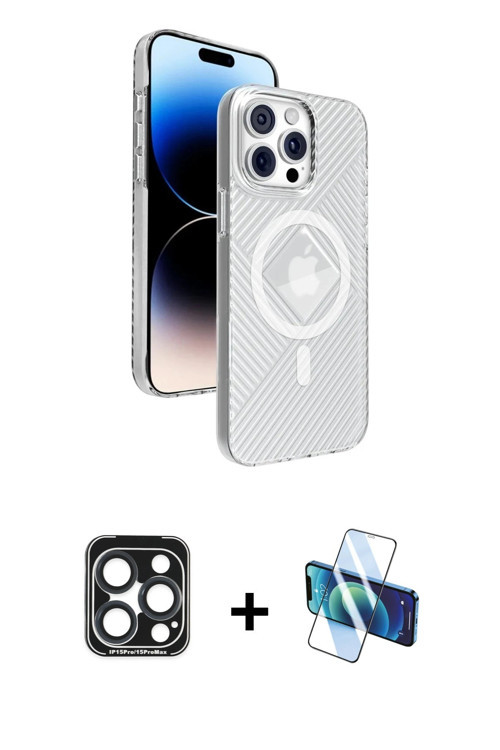 ieg™ iPhone 15 Pro Max Kılıf Nova Modern Prime - Siyah 3D Antistatik Cam Ekran Koruyucu + Lacivert P