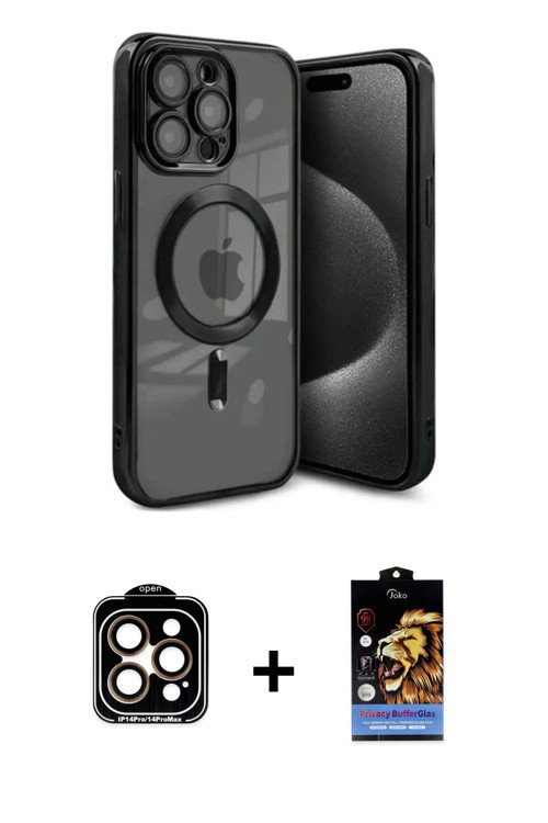 ieg™ iPhone 15 Pro Max Kılıf Nova Işık Özel Seri - Siyah Buffer Hayalet Cam Ekran Koruyucu + Turuncu