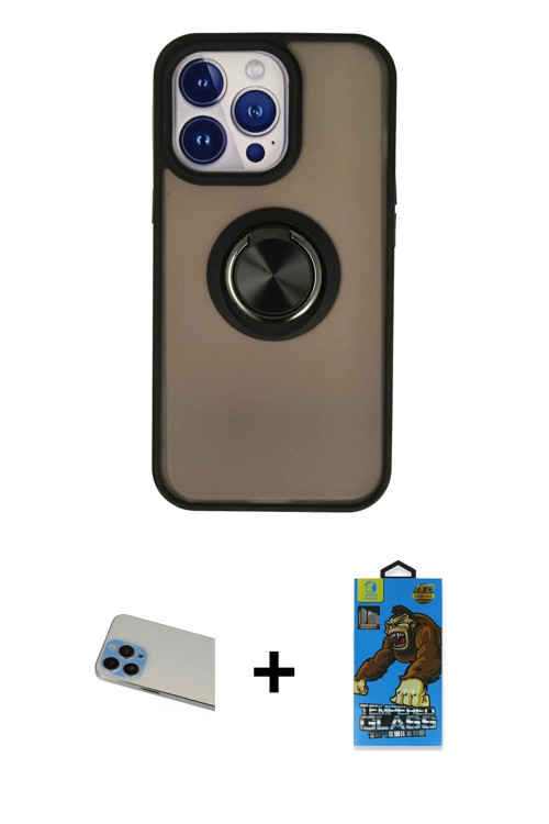 ieg™ iPhone 13 Pro Max Kılıf Yörünge Çizgi - Siyah 18D Cam Ekran Koruyucu + Mavi Rainbow Kamera Lens