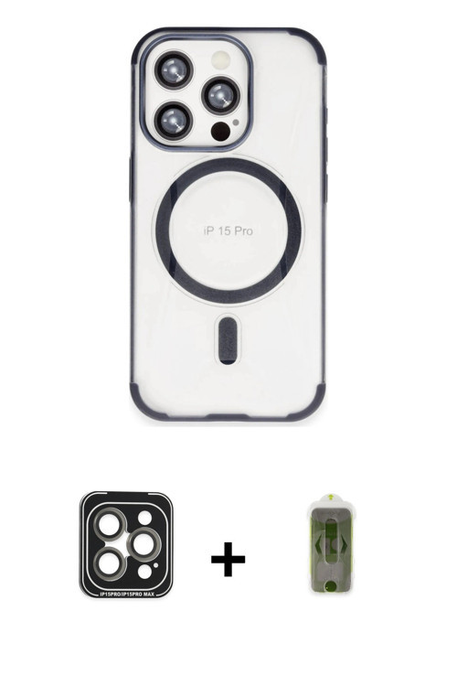 ieg™ iPhone 15 Pro Max Kılıf Eksen Klasik Koleksiyonu - Siyah Joko Magic 5D Hayalet Cam + Gri PVD Me