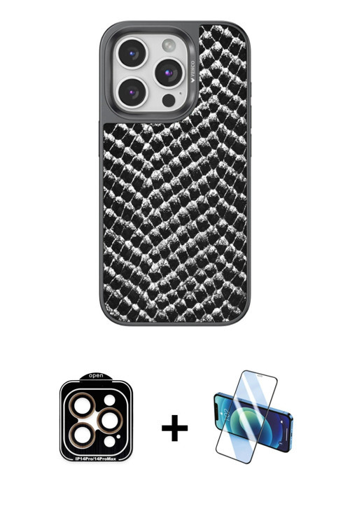 ieg™ iPhone 15 Pro Max Kılıf Vadi Özel Seri - Siyah 3D Antistatik Cam Ekran Koruyucu + Turuncu PVD M
