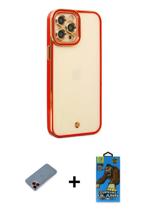 iPhone 12 Pro Max Kılıf Çekirdek Klasik Serisi - Siyah 18D Cam Ekran Koruyucu + Kırmızı Metal K