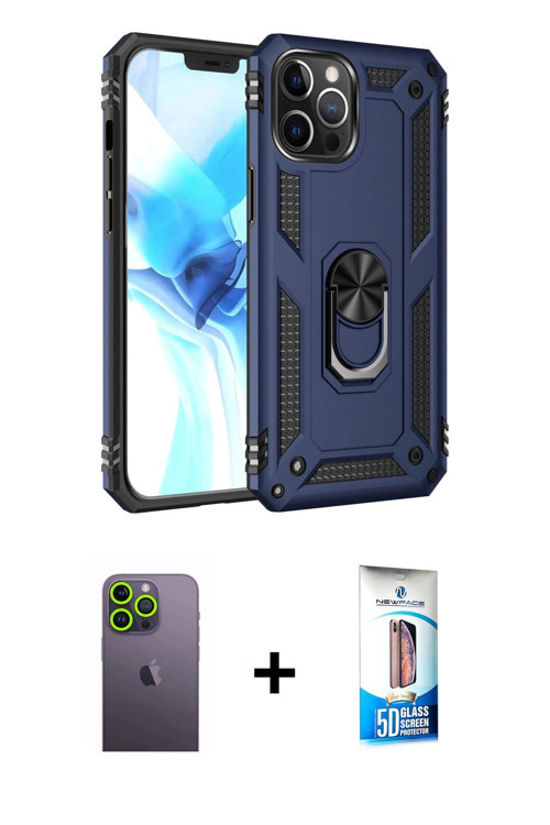 iPhone 12 Pro Max Kılıf Ahenk Klasik Koleksiyonu - Siyah 5D Eko Cam Ekran Koruyucu + Yeşil Neon