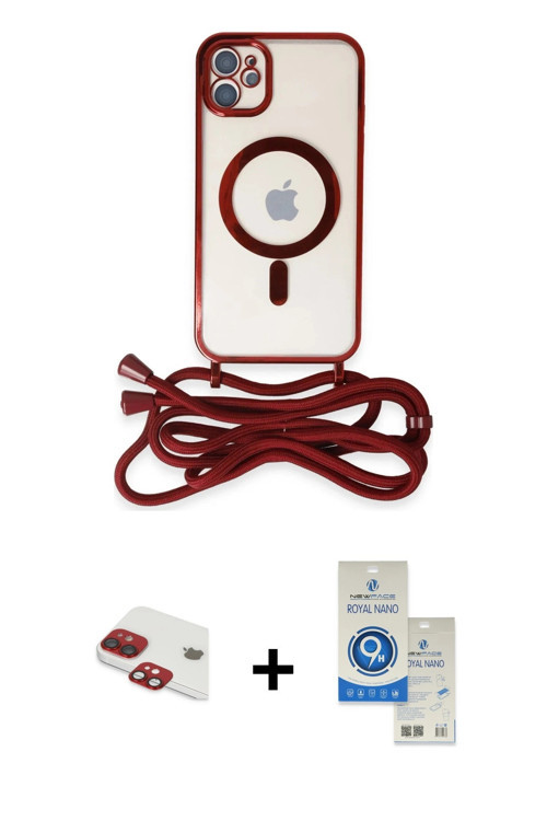 iPhone 11 Kılıf Eksen Özel Seri - Şeffaf Royal Nano Ekran Koruyucu + Kırmızı Pers Alüminyum Kam