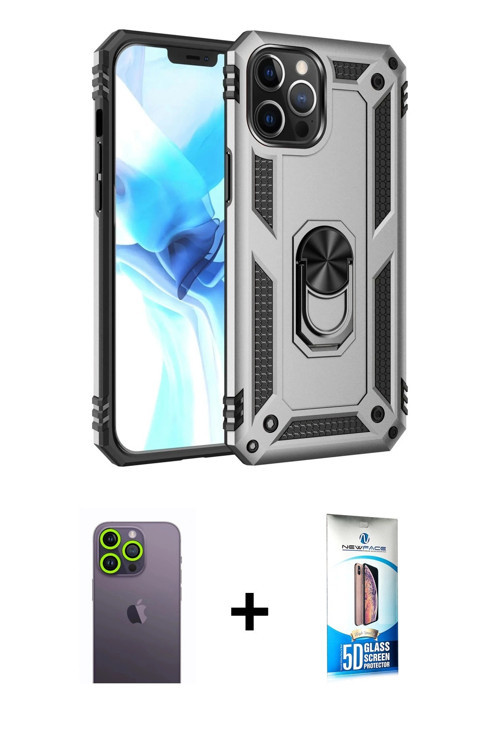 iPhone 12 Pro Max Kılıf Ahenk Klasik Koleksiyonu - Siyah 5D Eko Cam Ekran Koruyucu + Yeşil Neon