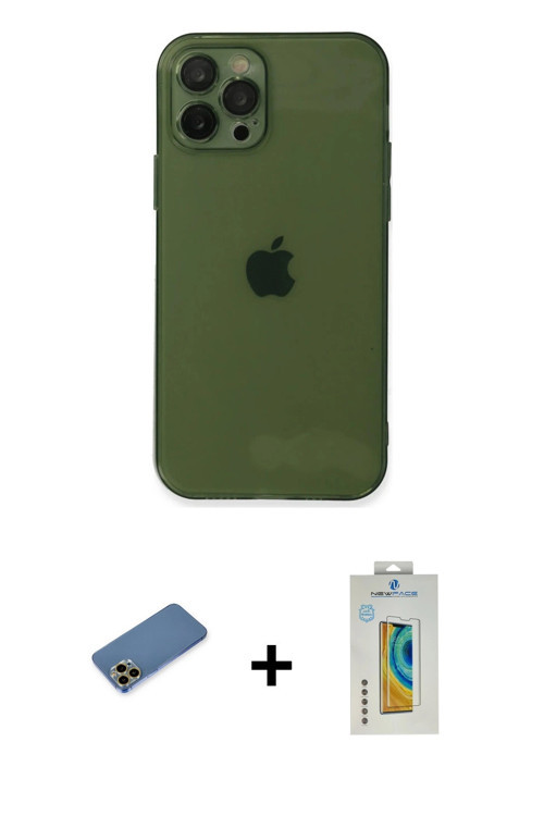 ieg™ iPhone 12 Pro Max Kılıf Ahenk Doku - Siyah Polymer Nano Ekran Koruyucu + Gold Shine Kamera Lens