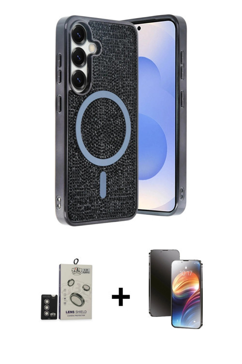 Galaxy S24 Kılıf Eksen Çizgi - Siyah 3D Antistatik Mat Seramik Nano Ekran Koruyucu + Derin Mor