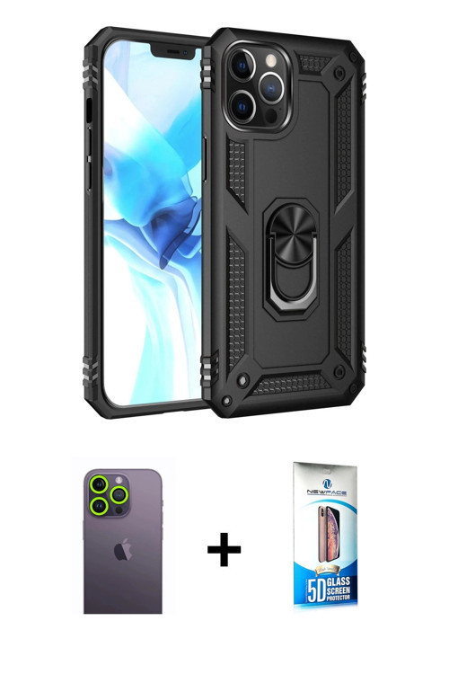 iPhone 12 Pro Max Kılıf Ahenk Klasik Koleksiyonu - Siyah 5D Eko Cam Ekran Koruyucu + Yeşil Neon
