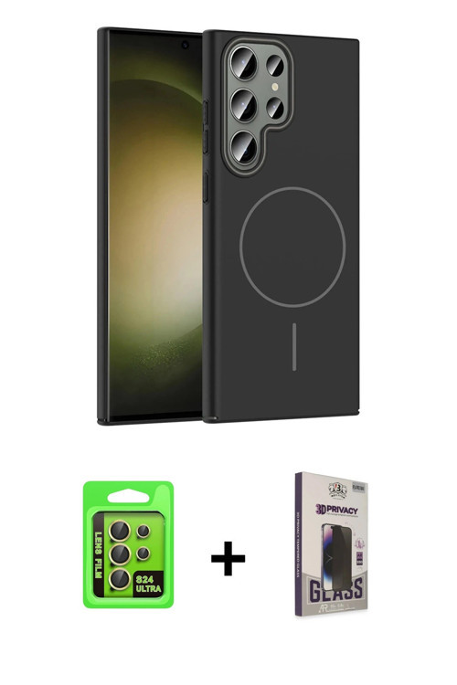 ieg™ Galaxy S24 Ultra Kılıf Siluet Doku Özel Seri - Siyah Bilvis Hayalet Cam Ekran Koruyucu + Sarı R