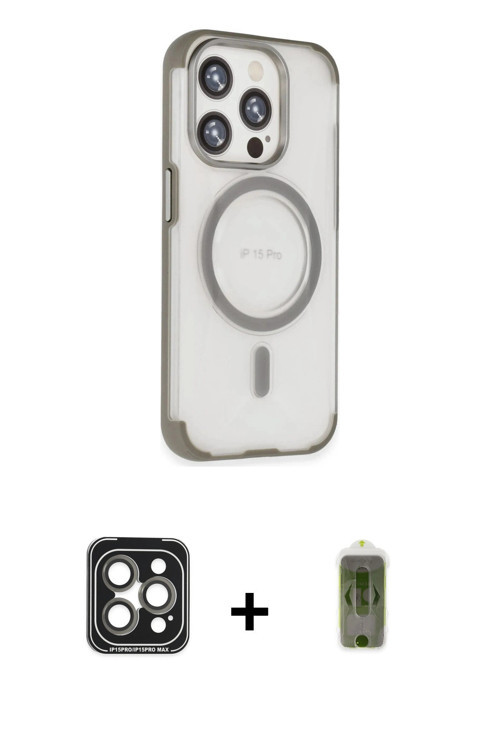 ieg™ iPhone 15 Pro Max Kılıf Eksen Klasik Koleksiyonu - Siyah Joko Magic 5D Hayalet Cam + Gri PVD Me
