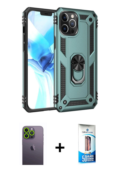iPhone 12 Pro Max Kılıf Ahenk Klasik Koleksiyonu - Siyah 5D Eko Cam Ekran Koruyucu + Yeşil Neon