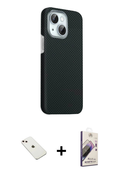 iPhone 14 Kılıf Kozmos Klasik Prime - Siyah Bilvis 3D Mat Cam Ekran Koruyucu + Pembe Diamond Ka