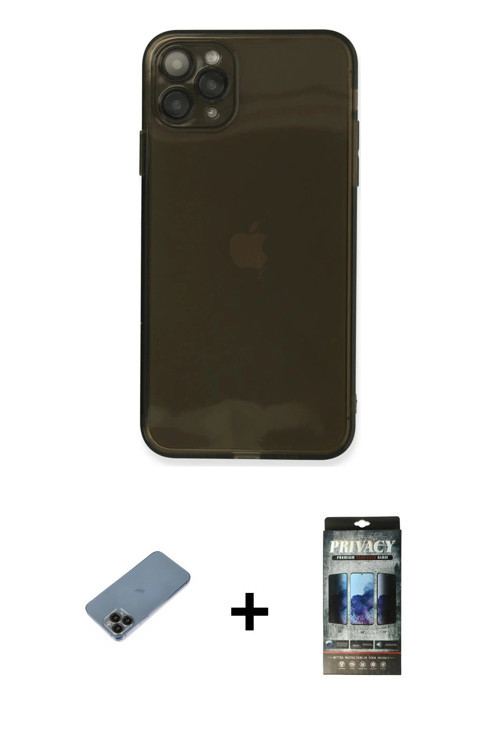 iPhone 11 Pro Kılıf Ahenk Doku - Siyah 34D Hayalet Izgaralı Cam + Siyah Shine Kamera Lens Korum