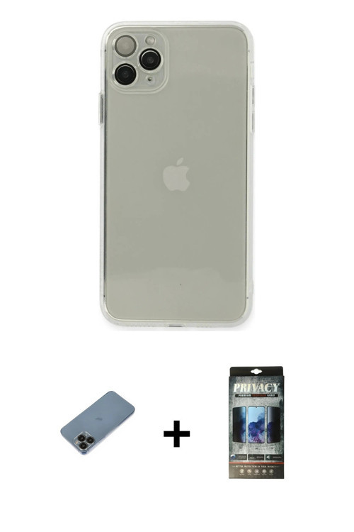 iPhone 11 Pro Kılıf Ahenk Doku - Siyah 34D Hayalet Izgaralı Cam + Siyah Shine Kamera Lens Korum