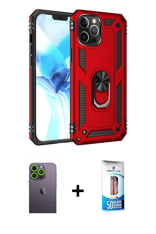 iPhone 12 Pro Max Kılıf Ahenk Klasik Koleksiyonu - Siyah 5D Eko Cam Ekran Koruyucu + Yeşil Neon