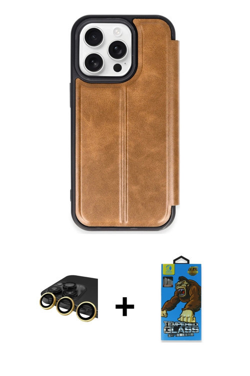 iPhone 14 Pro Max Kılıf Zirve Yansıma Serisi - Siyah 18D Cam Ekran Koruyucu + Gold Raze Metal K