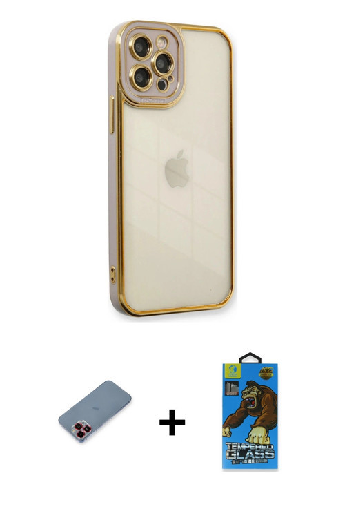 iPhone 12 Pro Max Kılıf Çekirdek Klasik Serisi - Siyah 18D Cam Ekran Koruyucu + Kırmızı Metal K