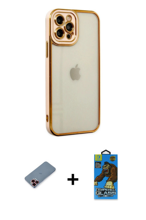 iPhone 12 Pro Max Kılıf Çekirdek Klasik Serisi - Siyah 18D Cam Ekran Koruyucu + Kırmızı Metal K