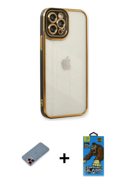 iPhone 12 Pro Max Kılıf Çekirdek Klasik Serisi - Siyah 18D Cam Ekran Koruyucu + Kırmızı Metal K
